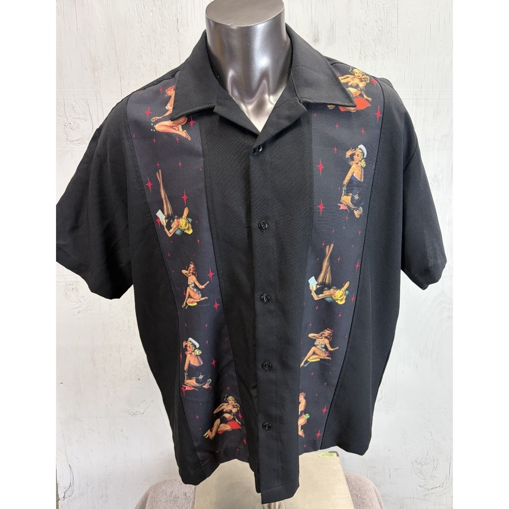 Steady Last Call Button Up Shirt Size 2XL Black Pin-Up Bikini Girls Bowling